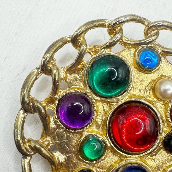 Colorful Cabochon Brooch Moghul Style Large Chain Edge Statement Pin - Picture 6 of 9